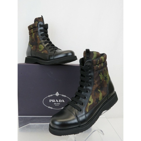 NIB PRADA 0T0782 CAMOUFLAGE GREEN LEATHER CAP TOE LACE UP COMBAT BOOTS 36 US 6 - Picture 1 of 12